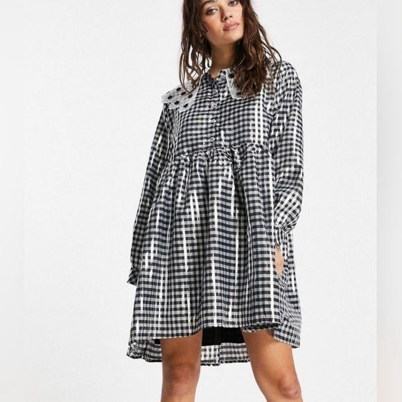 NWT Large Sister Jane Glint Black Silver Shimmery Checked Babydoll Dress - Picture 1 of 7